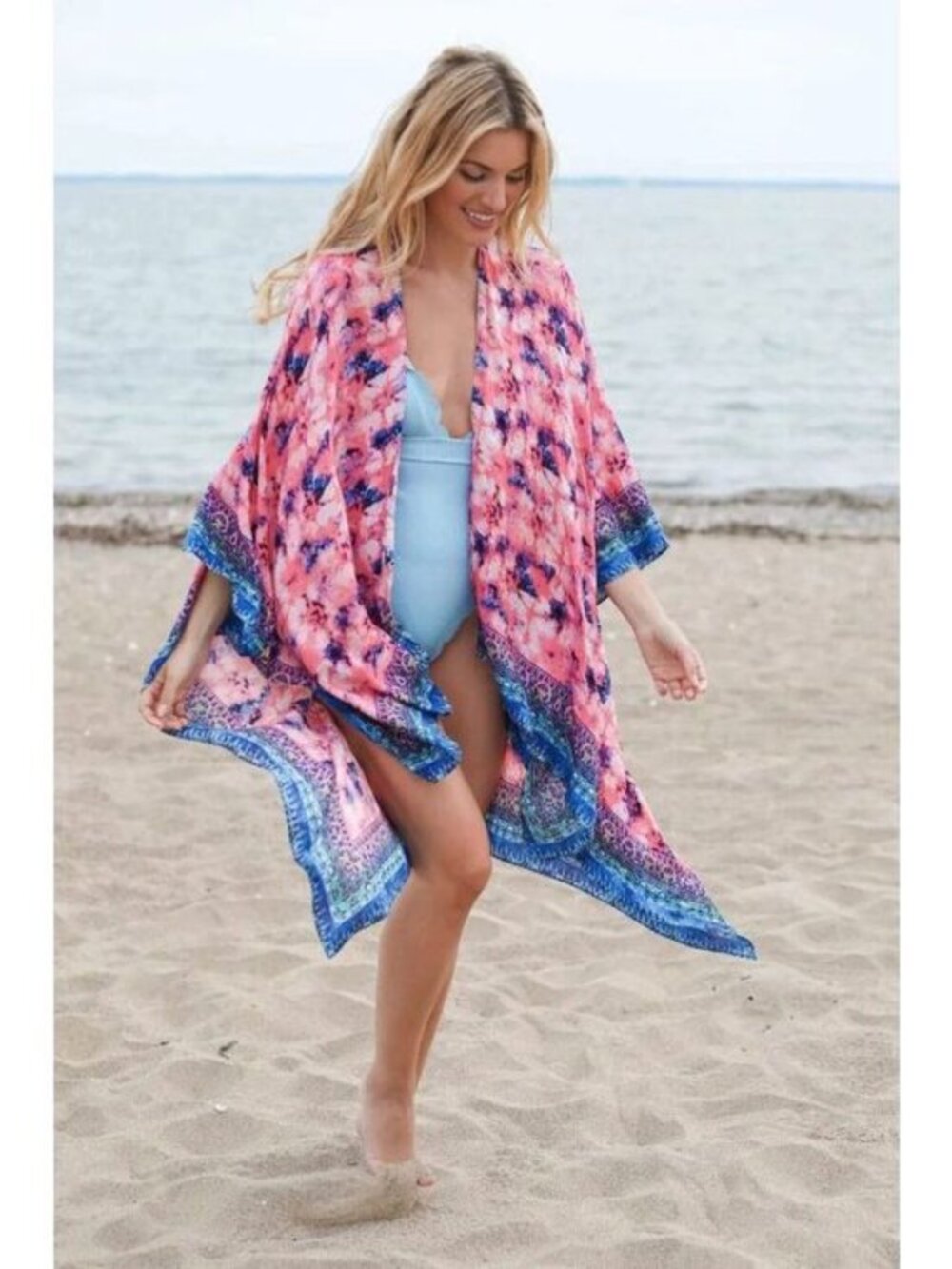 SAACHI Womens Tie Dye Butterfly Kimono Coverup Pink and Blue One Size